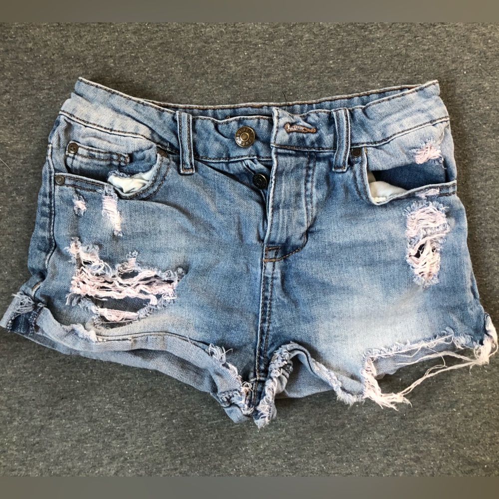 Celebrity Pink Light Blue Distressed Denim Jean Shorts